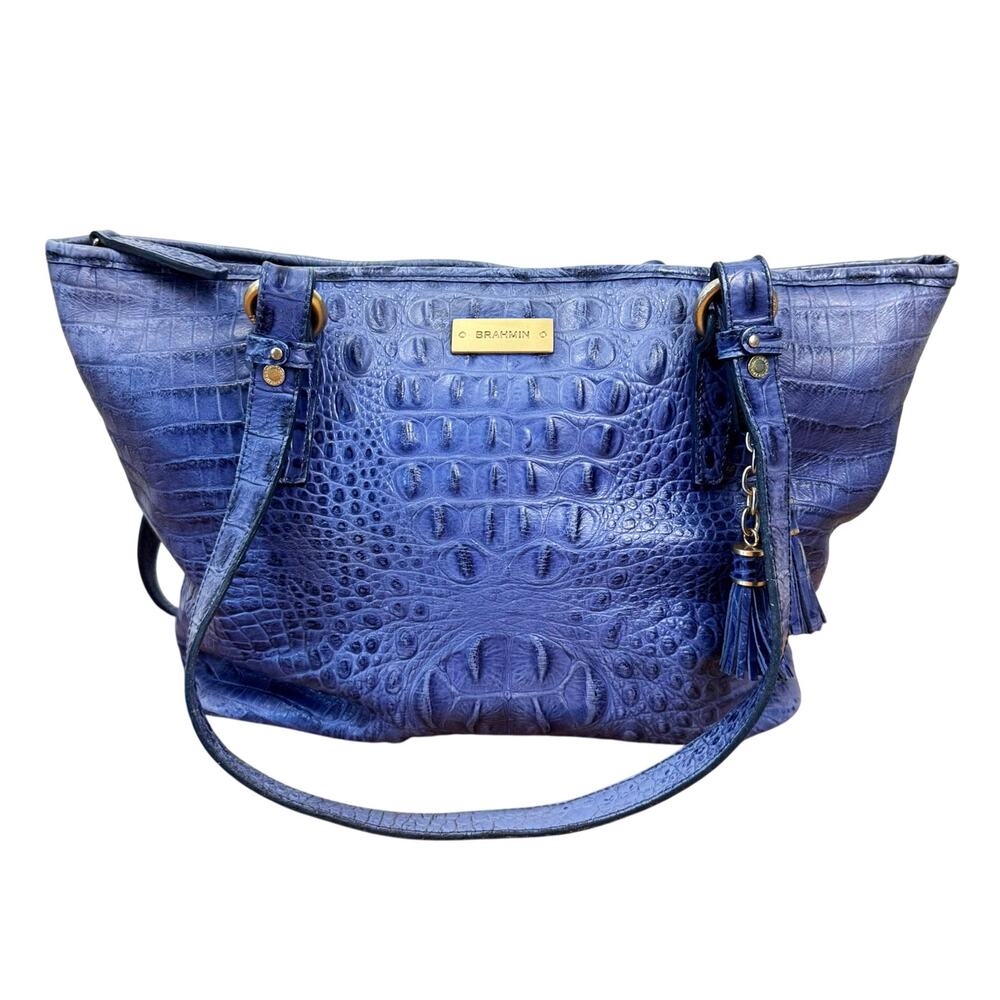 Brahmin Medium Asher Tote Purse Blue Croc-Embossed Melbourne Finish